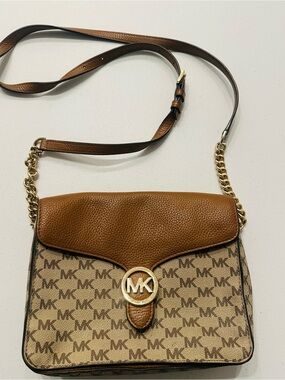 Michael Kors Tan & Beige Logo Crossbody with Gold Hardware
